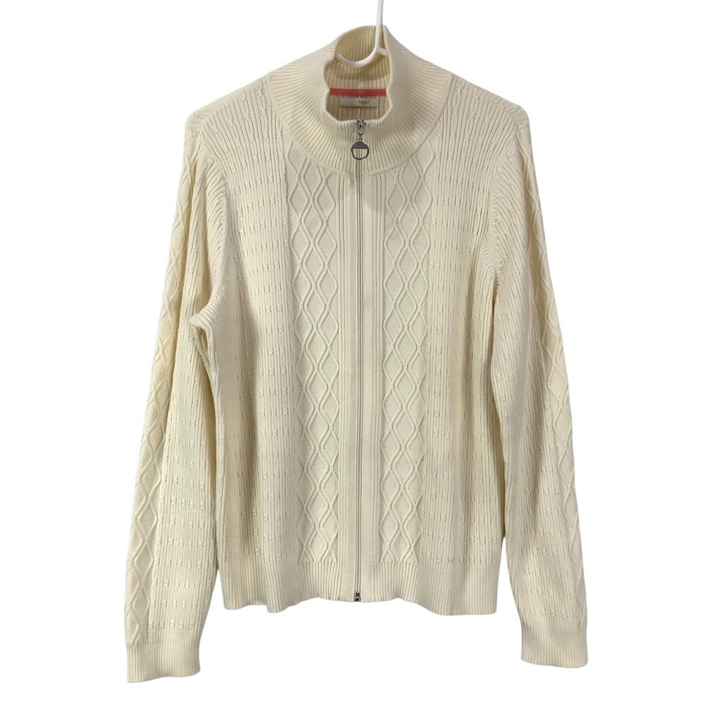Cream Zip-Front Cable Knit Sweater Cardigan